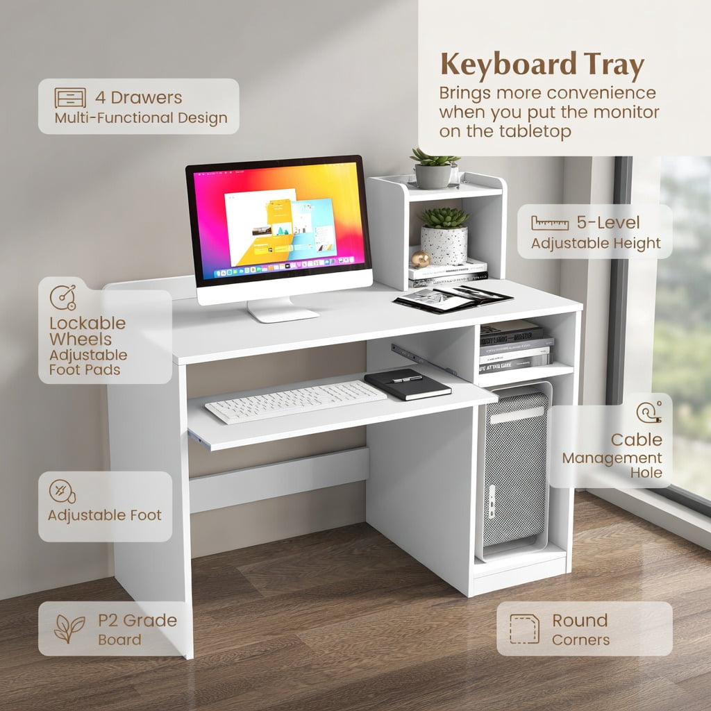 Yardi Yard Home Office Computer Desk with Bookcase Keyboard Tray and CPU Stand-White, Computer Desk, Gaming Computer Desks for Study,Working,Writing