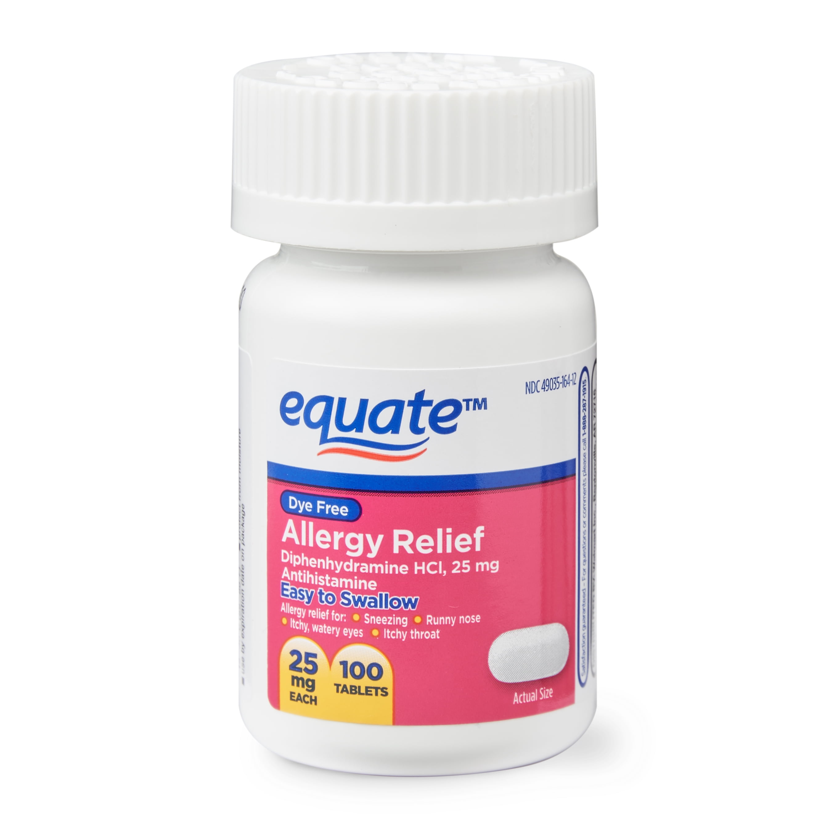 Equate Dye-Free Allergy Relief Medicine, 25 mg, 100ct Tablets 