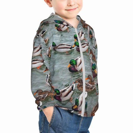 

Uemuo Mallard Ducks Swimming Pattern Rash Guard for Boys Girls Long Sleeve Swim Shirts UPF 50+ UV Sun Protection Hooded Fishing Shirt with Pocket for Kid-2 Years