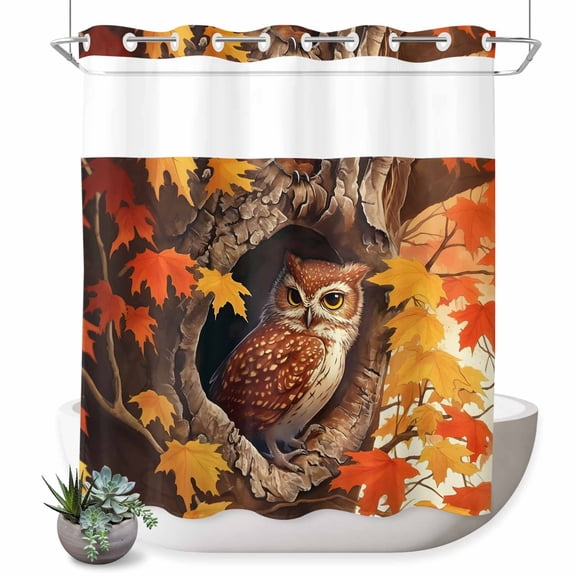 No Hook Shower Curtain with Built-in Rings - Thanksgiving Autumn Washable Waterproof Fabric Bathroom Curtains for Hotel,Rentals, 72 X 78 Inch Long , Red Maple Leaves Owl Fire Orange