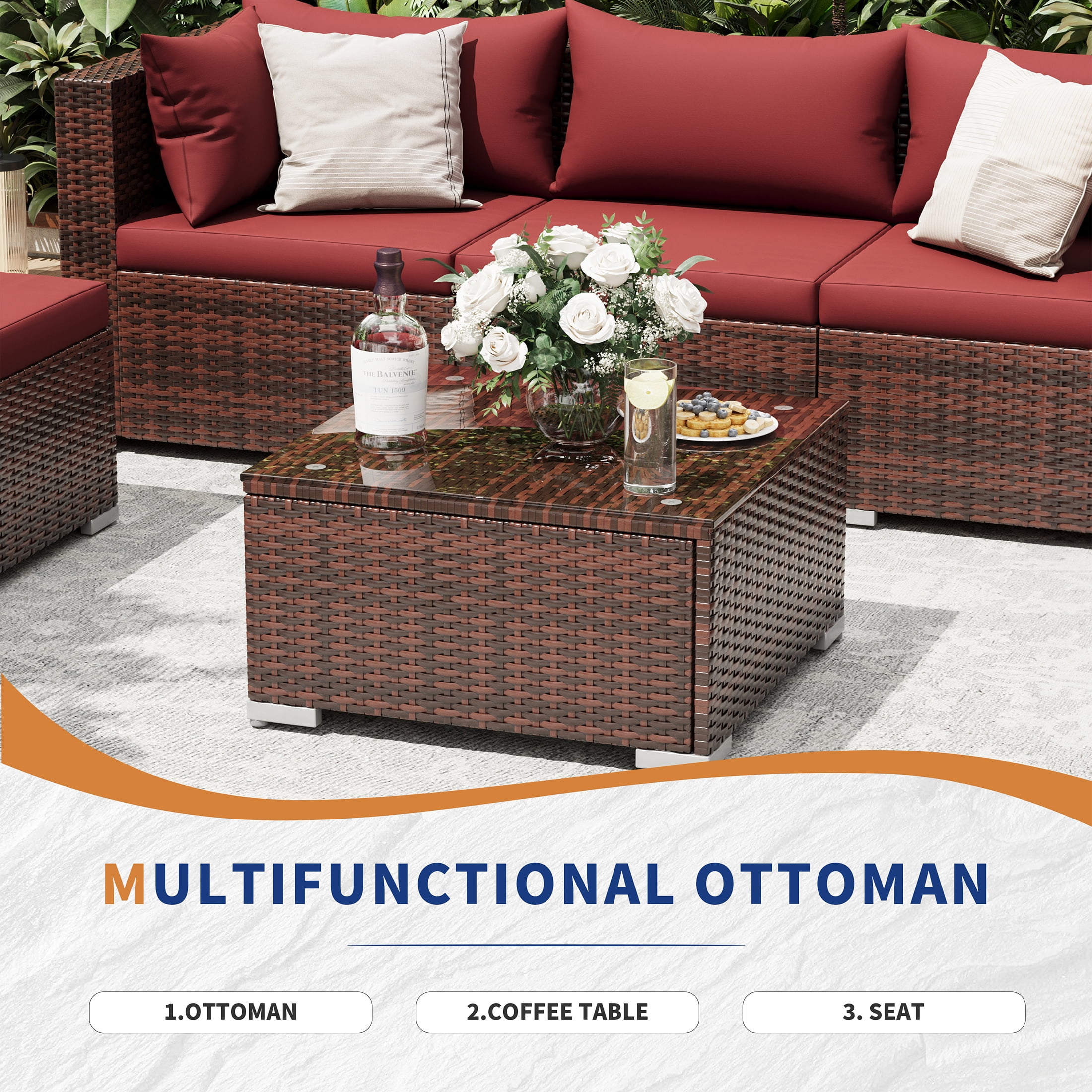 UDPATIO Patio Furniture Sets, Modular Rattan Outdoor Patio Sectional Furniture with 44" Fire Pit Table,, Wicker Patio Conversation Set for Backyard, Deck, Poolside w/Glass Coffee Table, 7PC Wine Red