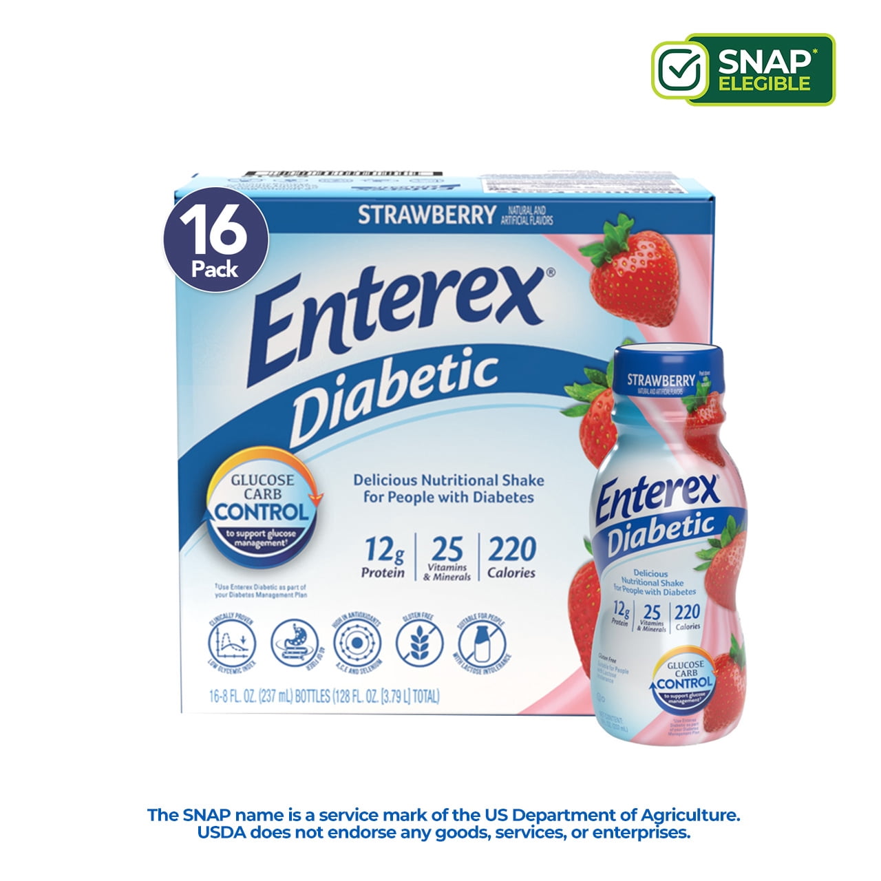 (3 pack) Enterex Diabetic Nutritional Meal Replacement Shake,for People with Diabetes,Strawberry,8 fl oz,16 Pack