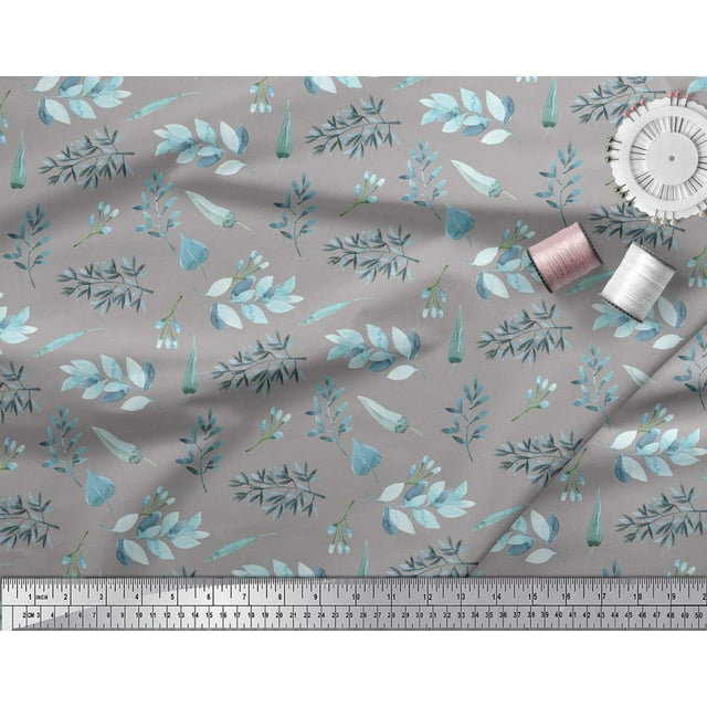 Soimoi Gray Modal Satin Fabric Flower Leaves Print Fabric by the Yard 42 Inch Wide
