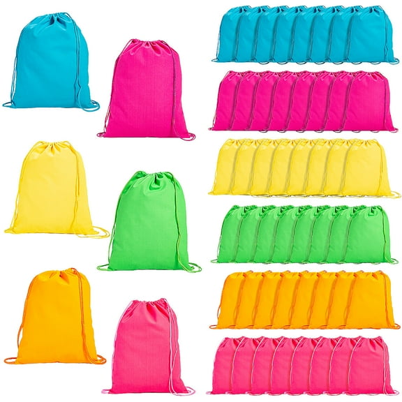 Fun Express Bulk 72 Pieces Large Neon Canvas Drawstring Bags
