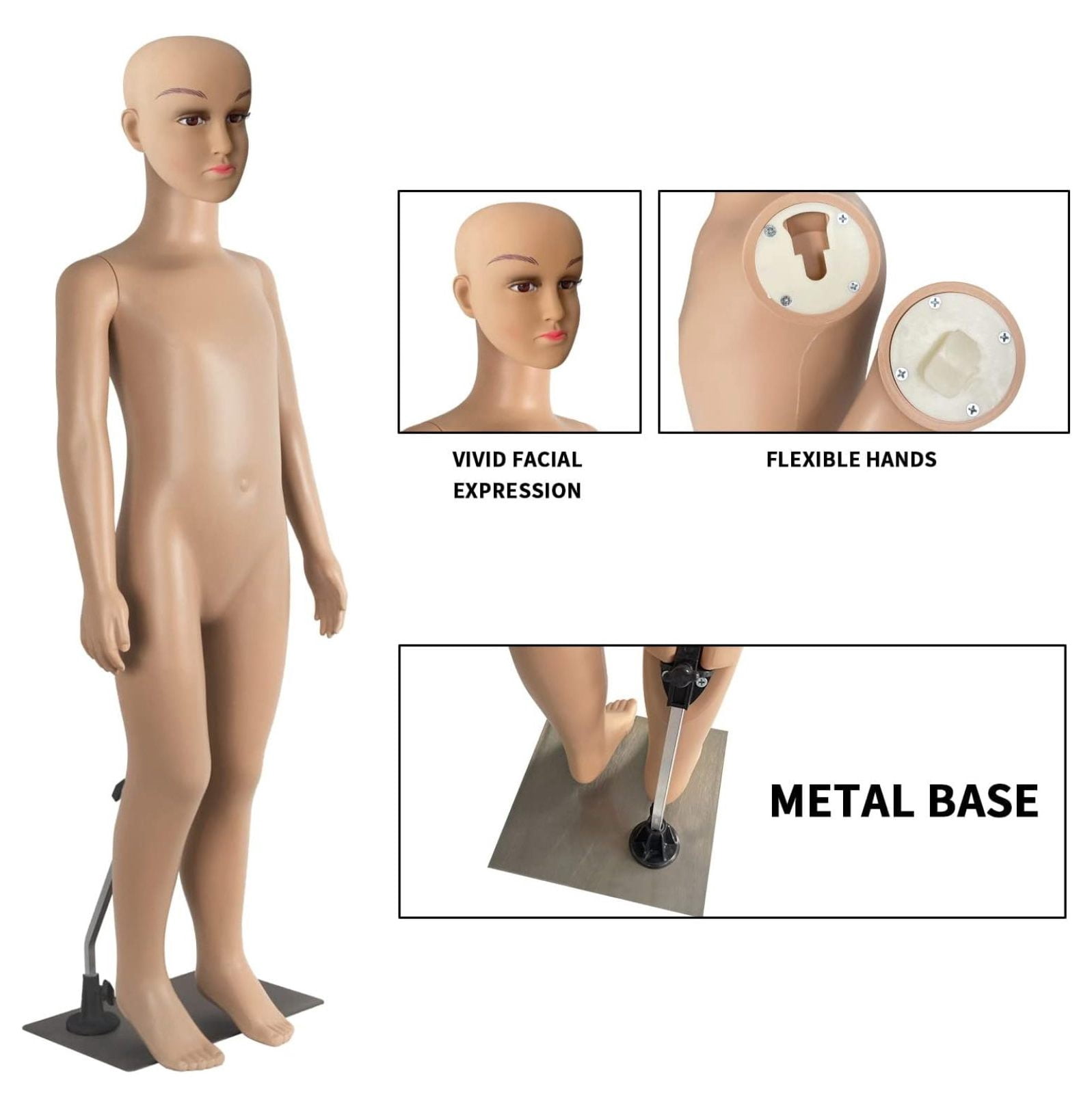 Child Mannequin Full Body Realistic Adjustable Detachable Manikin Display Head Turns Dress Form W/Metal Base 43.3" Height