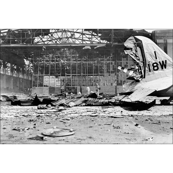 24"x36" Gallery Poster, Rear view of the heavily damaged Hangar No. 11 at Hickam Field, Hawaii, on 7 December 1941
