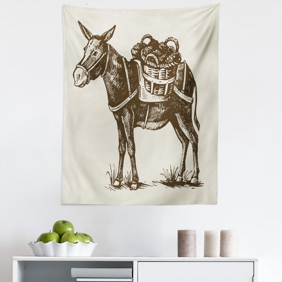 Donkey Tapestry, Vintage Engraving Style Donkey Carrying 2 Baskets of Harvest Grapes, Fabric Wall Hanging Decor for Bedroom Living Room Dorm, 5 Sizes, Dark Cocoa and Pearl, by Ambesonne