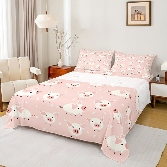 Feelyou Kawaii Pink Pig Twin Sheet Sets for Kids, Cute Farm Animal Twin Fitted Sheet, Cartoon Stars Print Flat Sheet, Microfiber Bedroom Decor, 3pcs