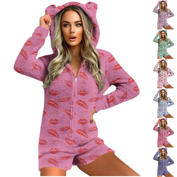 purcolt Women's Adult Animal Onesie Pajamas, Long Sleeve Zipper Front One Piece Fuzzy Hooded Shorts Jumpsuit Cute Bear Ear Winter Warm Sleepwear Homewear