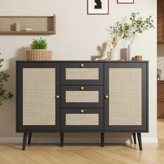 Boho Sideboard Buffet with Adjustable Shelf, Rattan Buffet Cabinet with Drawers, Modern Mid Century Accent Storage Cabinet for Living Room, Entryway, Kitchen, Black