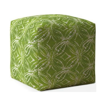 17" Green and White Cotton Damask Pouf Ottoman