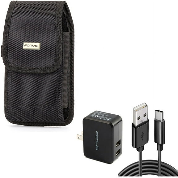 Case Belt Clip & Home Charger for iPhone 15 Pro - Rugged Holster Canvas Cover and 17W 2-Port USB 3.4A Type-C Cable P5O for iPhone 15 Pro (6.1")