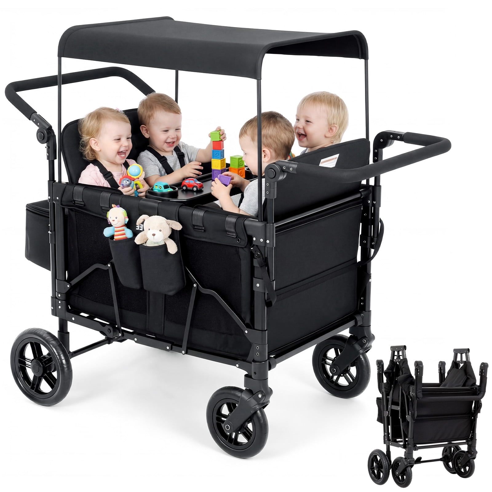 4-Seater Kids Wagon Stroller with Canopy, Foldable Push & Pull Wagon with 5-Point Safety Harness, 360° Wheels, Large Storage Bag, Heavy Duty Outdoor Wagon for Camping, Beach & Garden (Black)