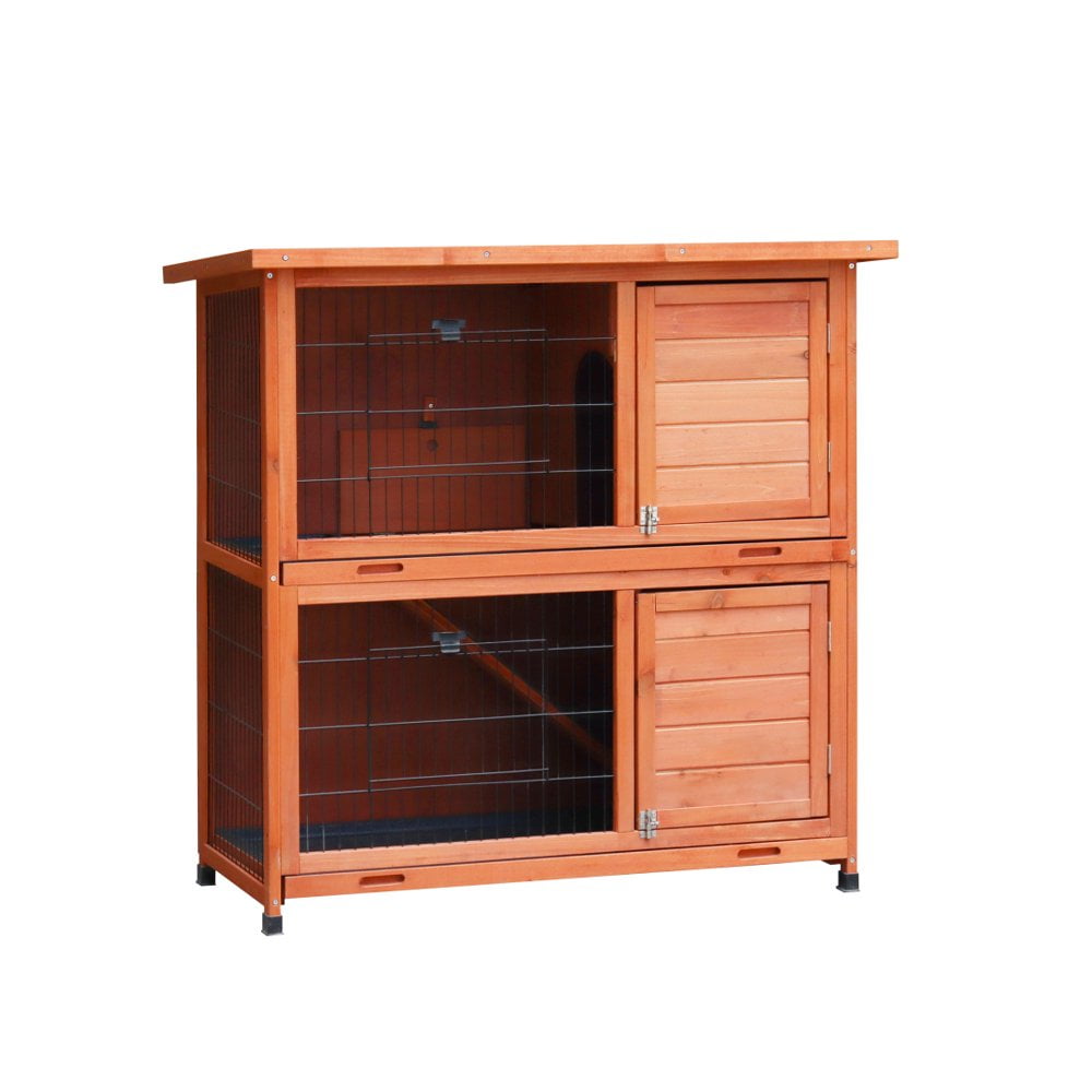 Hassch 41" 2-Story Wooden Rabbit Hutch Bunny Cage Small Animal Habitat Guinea Pig House with Non-Slip Ramp, Removable No Leak Tray and Weatherproof Roof, Outdoor/Indoor, Natural Wood