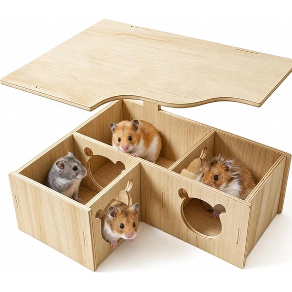 Wooden Hamster Hideout, Multi-Chamber 3-Room Hamster House with Removable Lid for Gerbil Small Pet Cage Decor
