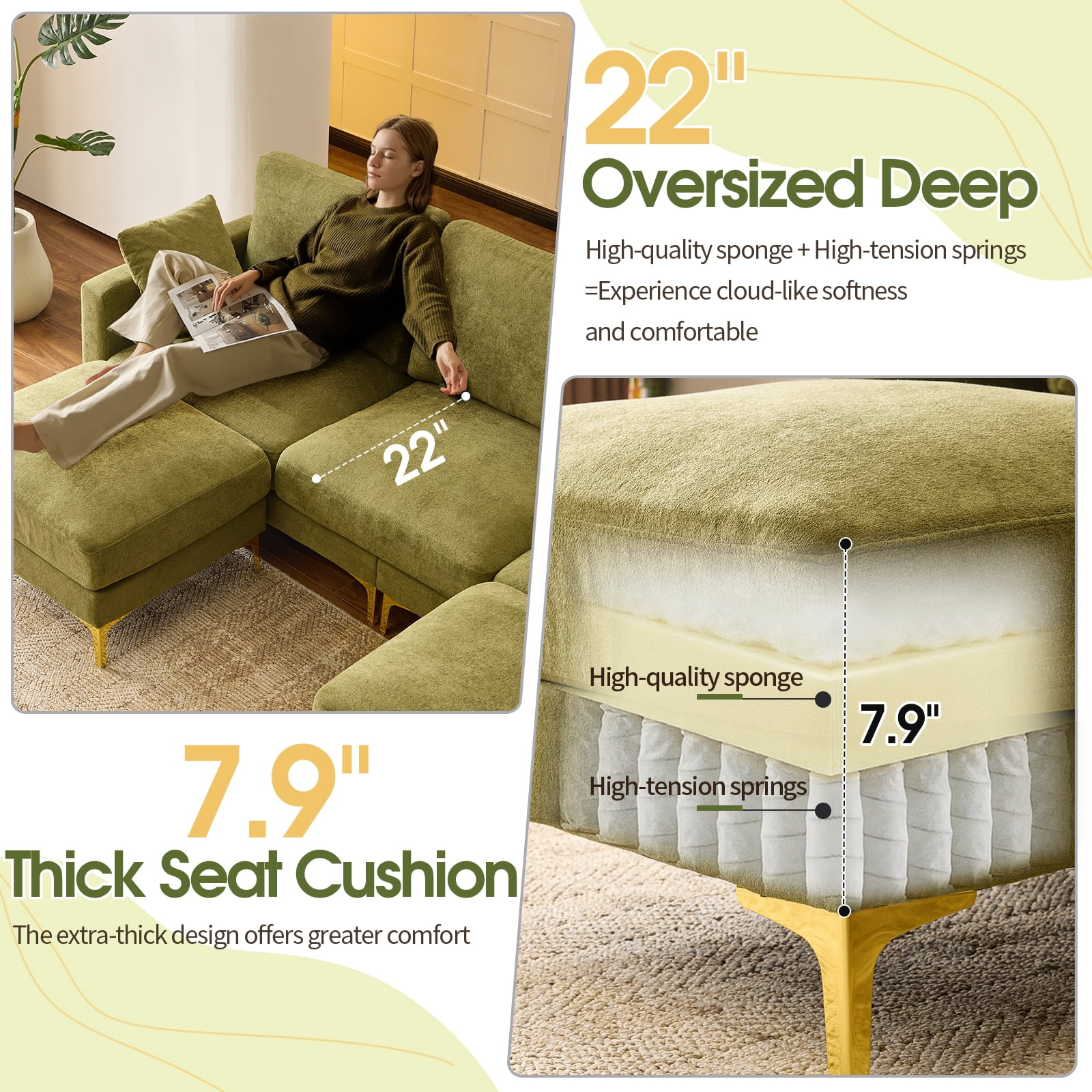 Ktaxon U-Shaped Sofa with 2 Removeable Ottoman Footrests, Flannel Deep Seating Couch for 3, Converts to Sleeper for Bedroom Living Room Furniture Green