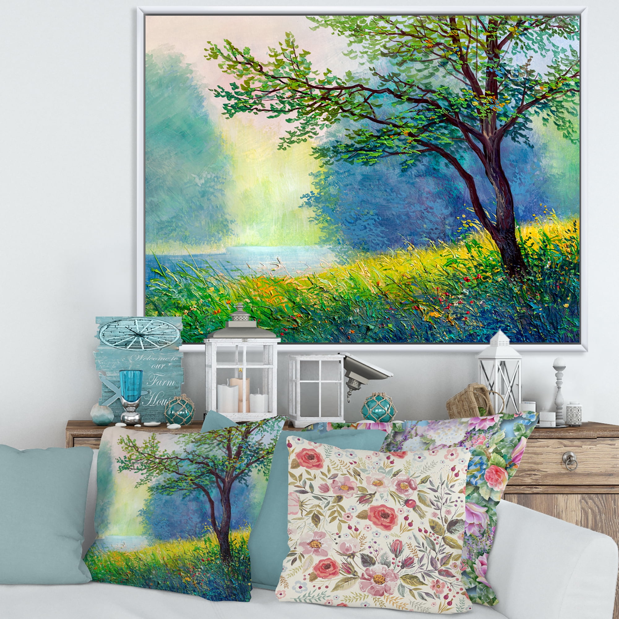 Designart 'Summer Forest With Waterfall and River ' Traditional Framed Canvas Wall Art Print