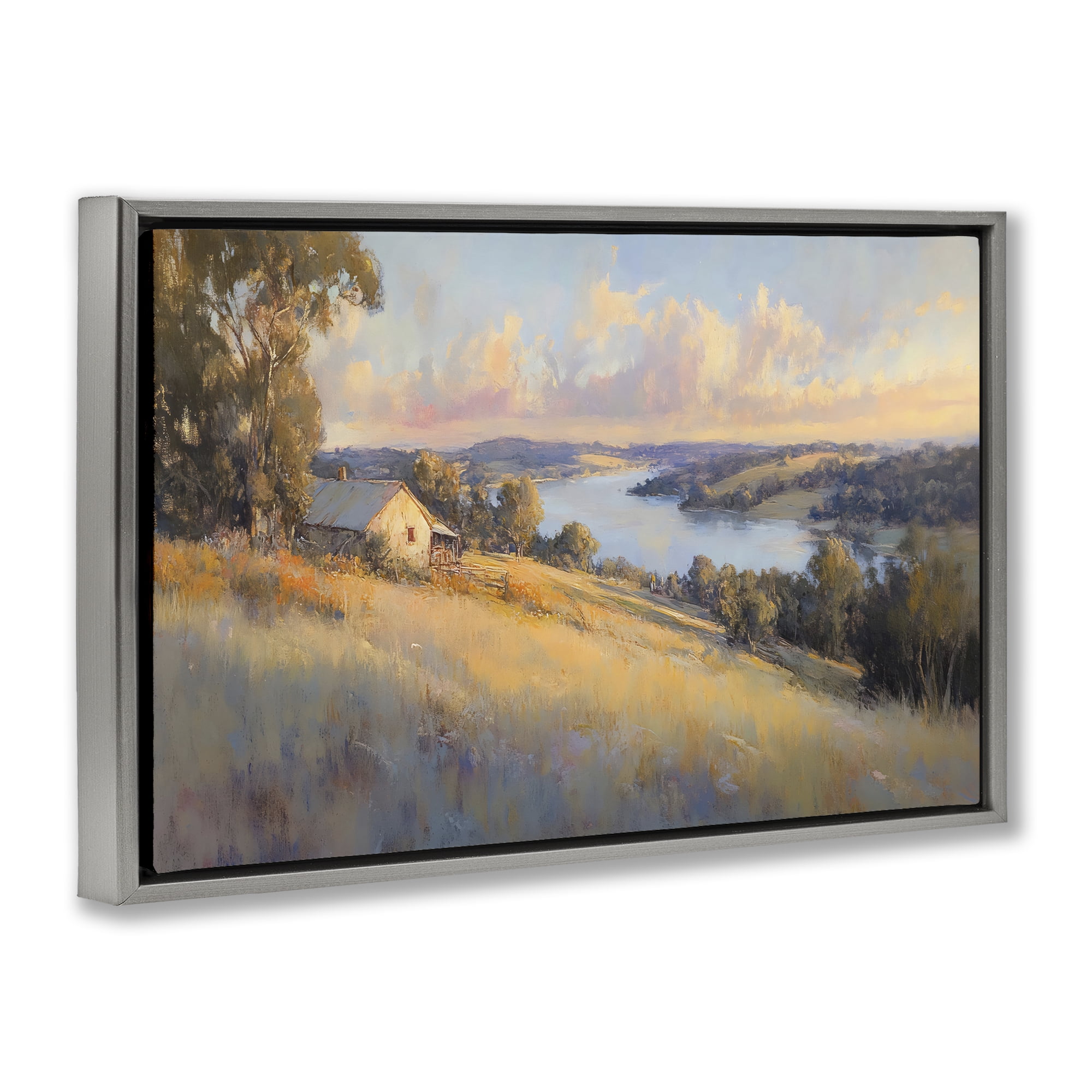 Stupell Industries Hilltop Cottage in Sunset Glow Gray Framed Floater Canvas Wall Art, design by Creative Studio
