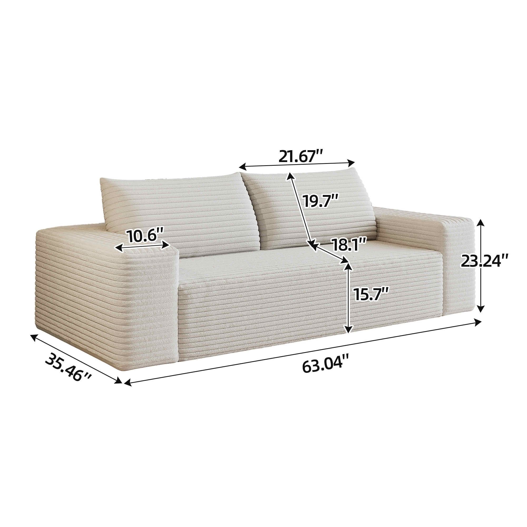 MAYEERTY 63" 2-Seater Corduroy Sofa, Deep Seat Comfy Loveseat, No Assembly, for Living Room Bedroom Conference Room, White