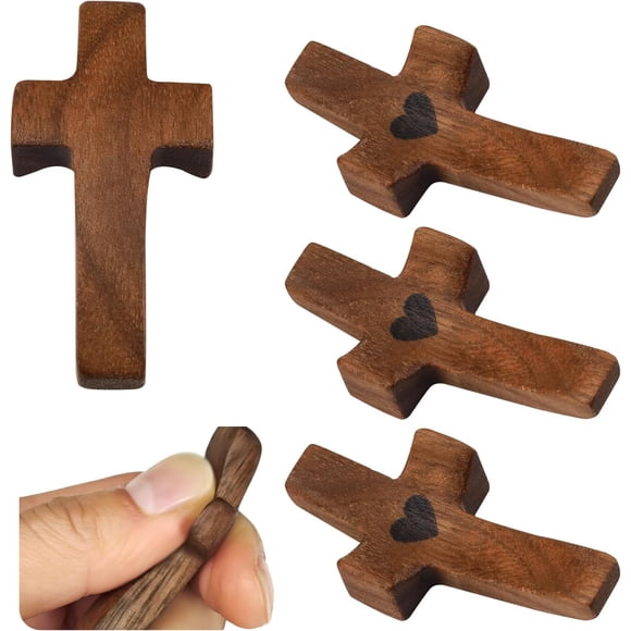 Yitexin 5 Pack Walnut Wooden Pocket Cross, 2" Small Carrying Prayer Cross for Hand Holding, Wood Comfort Palm Cross Religious Encouragement Present