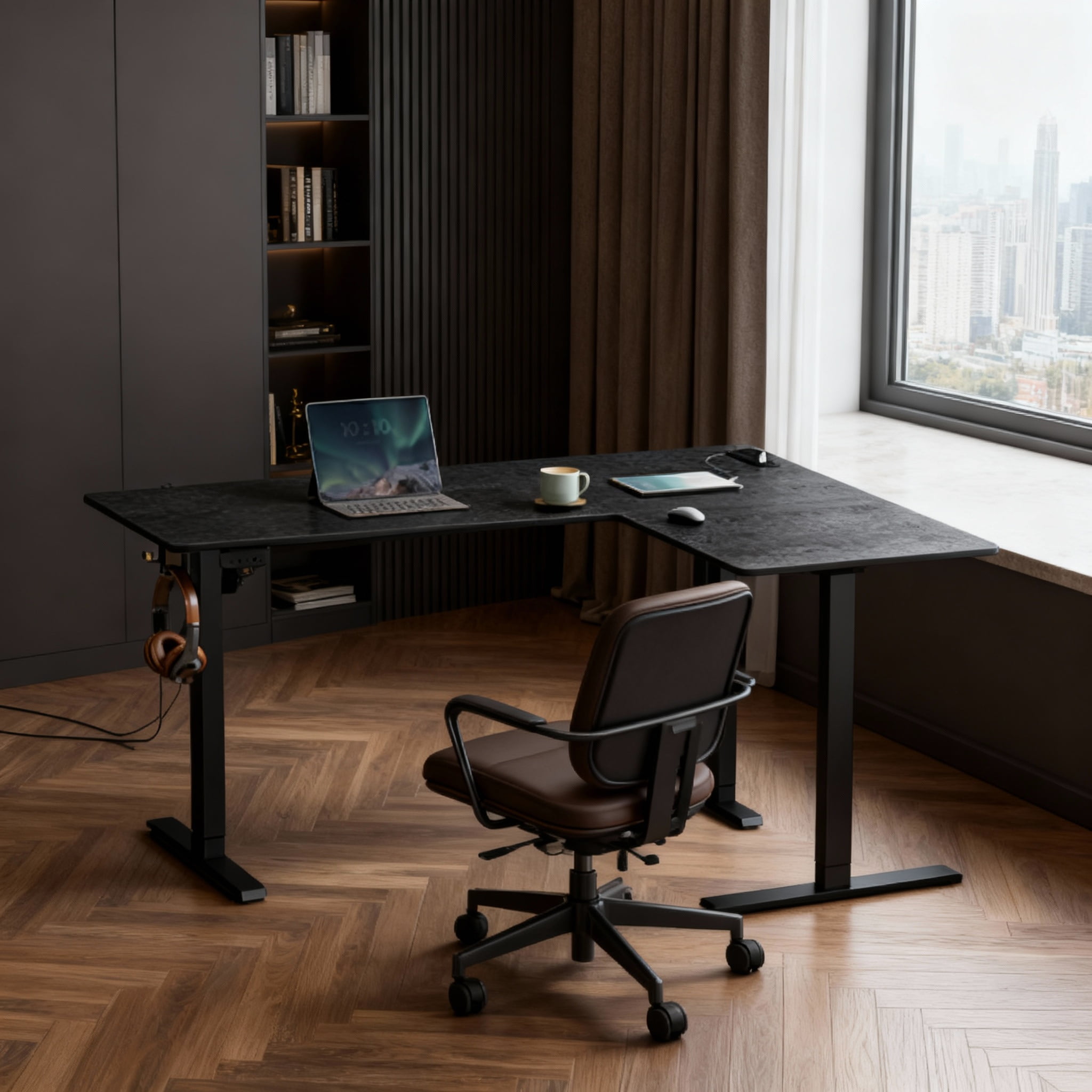 LEDREM L-Shaped Electric Standing Desk, 63 x 47.2 Inches Height Adjustable Corner Desk with Power Outlets, 2 Memory Buttons, Home Office Desk, Black