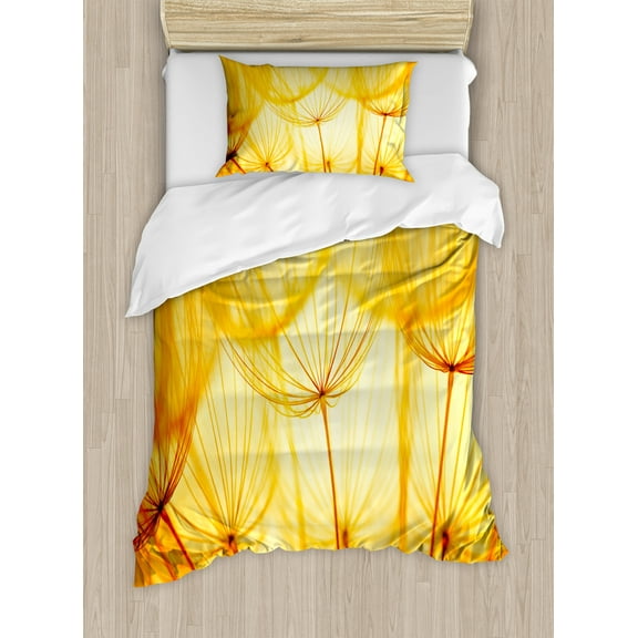 Yellow Duvet Cover Set, Joy of Dandelion Flower with Garden in Hot Summer Time Themed Art, Decorative 2 Piece Bedding Set with 1 Pillow Shams, Twin Size, Merigold and White, by Ambesonne