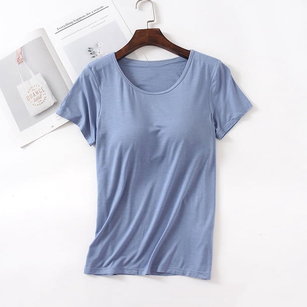 Camiseta de manga corta con almohadilla para el pecho Camiseta de base de una pieza de corte entallado con copa modal para mujer Top de mujer con cuello redondo Sujetador sin costuras