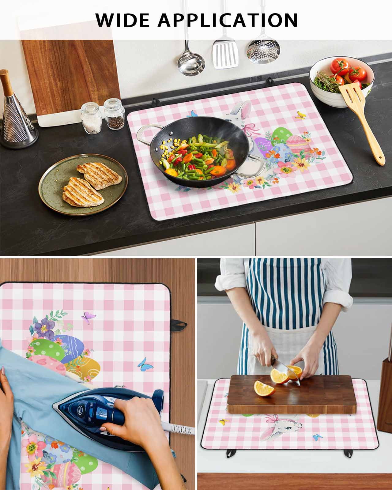 Large Induction Cooktop Protector Mat Easter Stove Top Covers for Electric Stove, Spring Watercolor Bunny Eggs Butterflies Pink Plaid Decorative Stove Burner Cover Mats, Glass Top Stove Cover