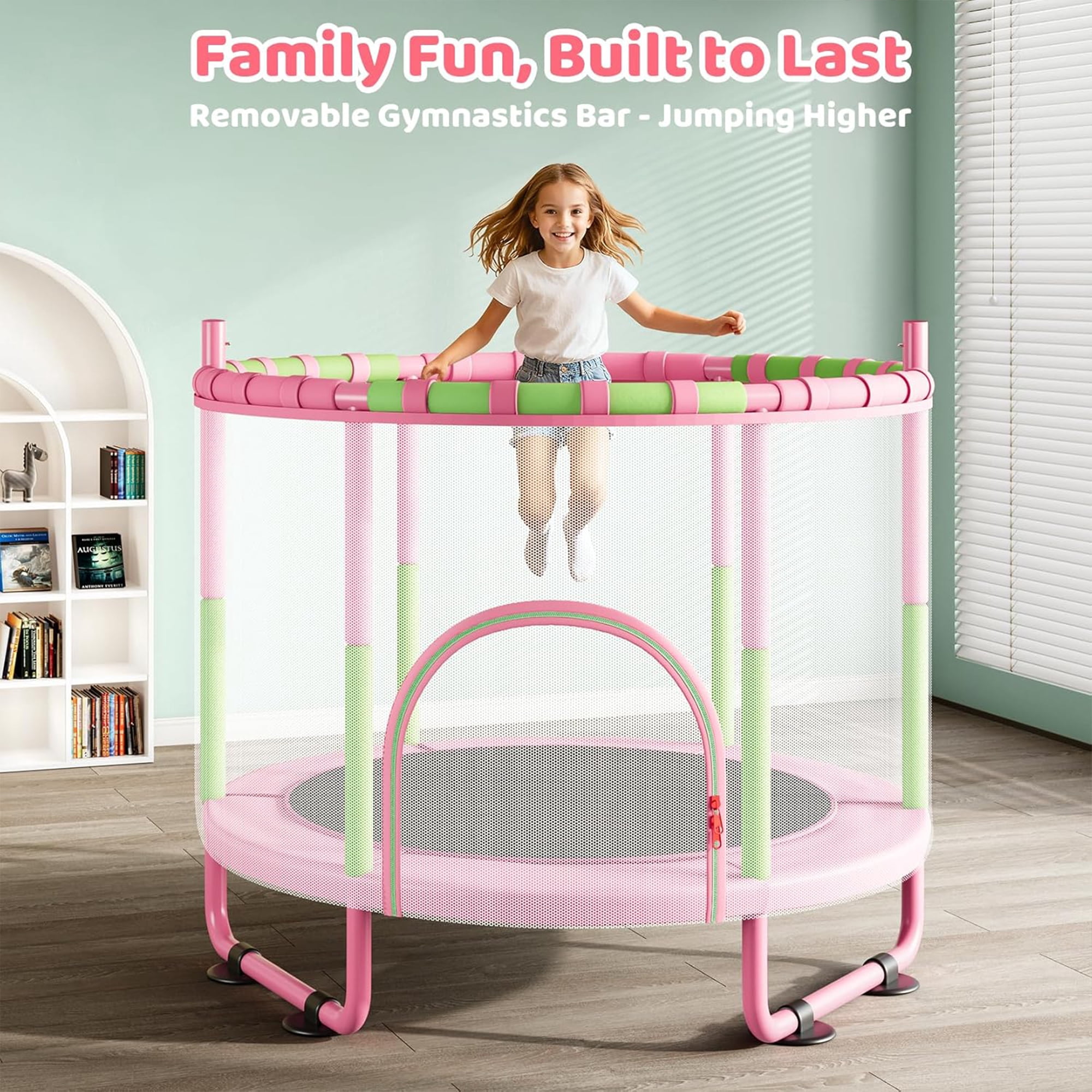 Toremore 55" Trampoline for Kids with Enclosure, 6-in-1 Kid Trampoline Indoor & Outdoor, Toddle Trampoline with Adjustable Gymnastics Bars, Pink