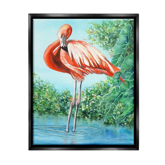 Stupell Industries Flamingo & Lush Nature Animals & Insects Painting Black Floater Framed Canvas Art Print Wall Art, 17 x 21