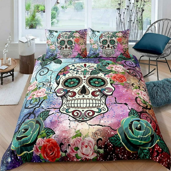 Feelyou Sugar Skull Comforter Cover Set Full Size Teen Girl Bedding Set Sugar Skull Decor Bedding Skull Bones Skeleton Roses Floral Print Duvet Cover