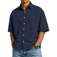 thumbnail image 2 of OIOLOYJM Shirts for Men Casual Cotton Button Down Shirts Summer Short Sleeve Collared Relaxed Fit T-Shirts Dressy Vacation Blouses Navy M, 2 of 5