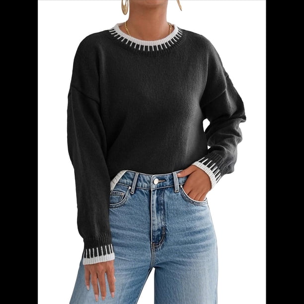 Suéteres de Gran Tamaño para Mujer, Cuello Redondo, Bloque de Color, Suéter de Invierno, Mangas Farol, Abertura Lateral, Suéter de Punto, Tops Negro S