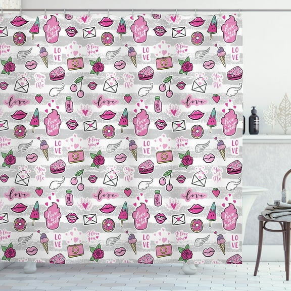 Ambesonne Retro Shower Curtain, Pop Art Style Cartoon Pattern, 69"Wx70"L, Pale Grey White Magenta