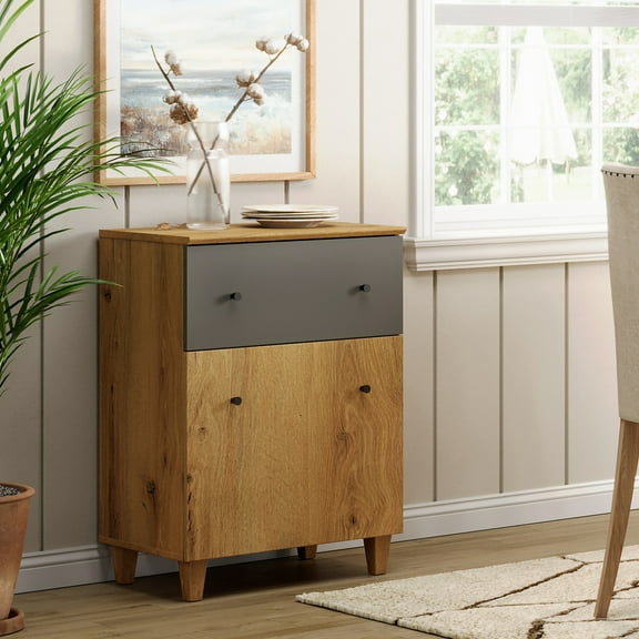 Buffet Storage Cabinet with 1 Drawer and 1 Adjustable Shelf, Oak Brown Wood Finish