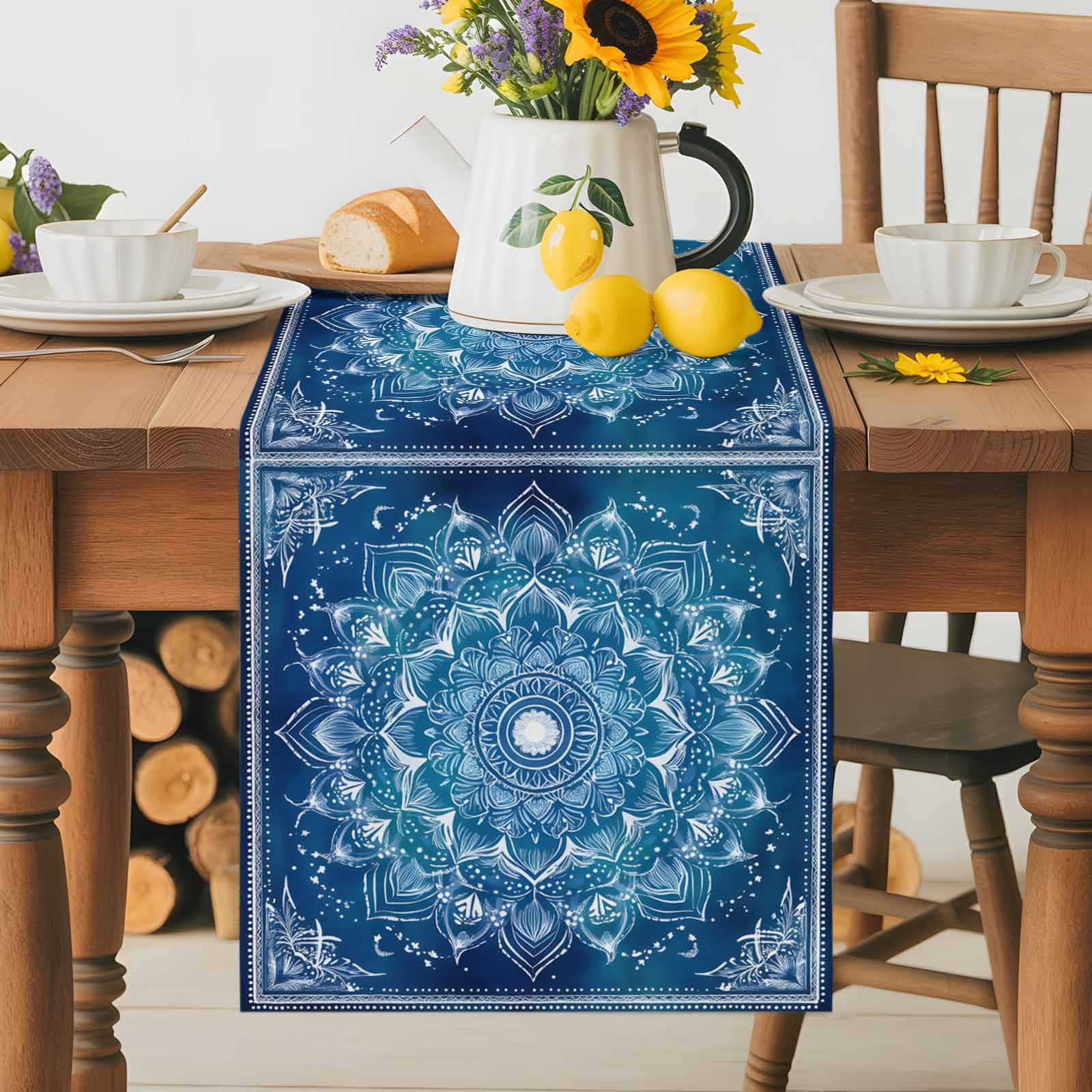 Retro Ethnic Tribal Flower Pattern Table Runner 90 Inches Long, Blue Background Table Runners Tabletop Scarf Kitchen Dining Tables Decoration for Home Party Indoor Outdoor