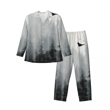 

COMIO Forest Pattern Black White Men s Long Sleeve Pajama Set Black