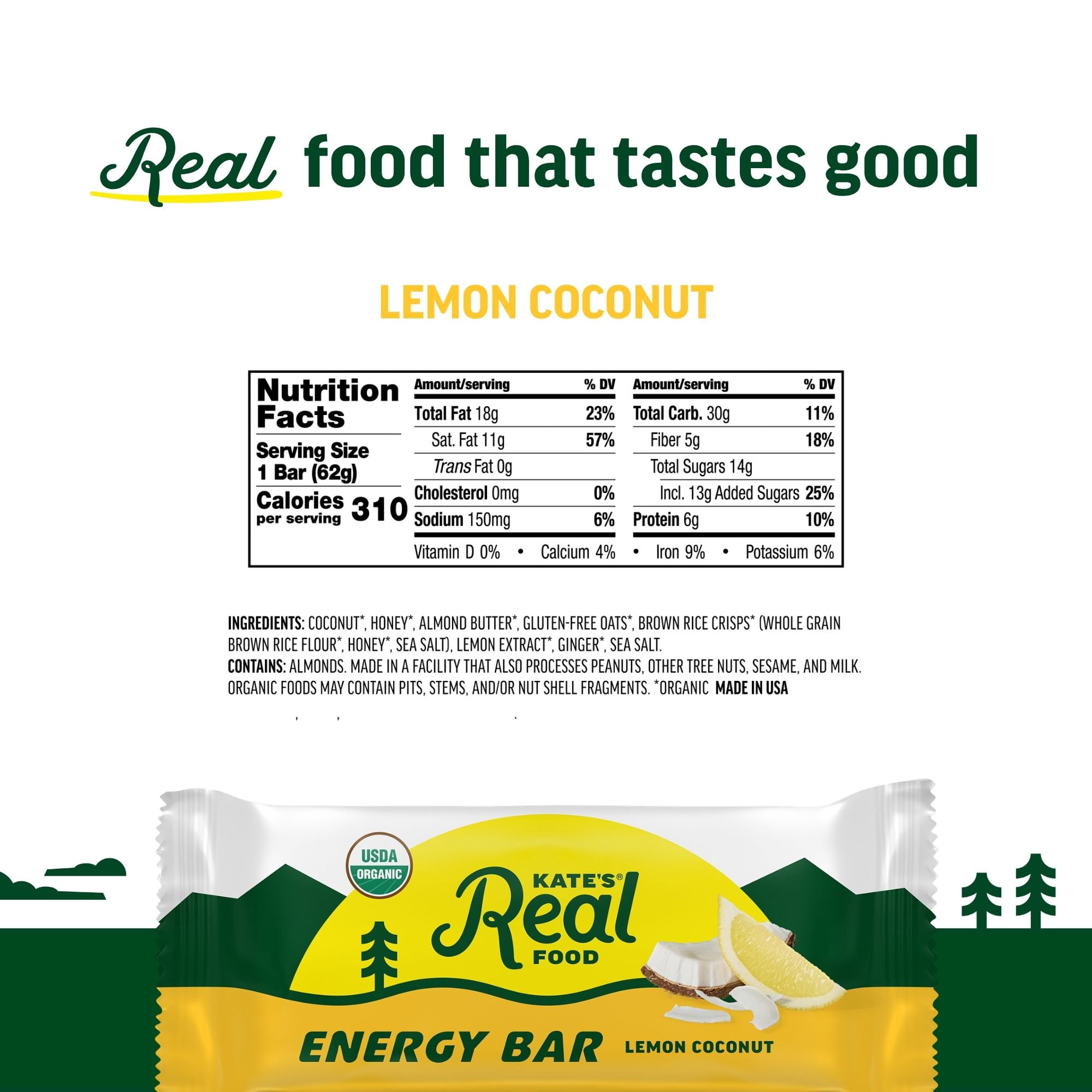 Kate’s Real Food Organic Granola Lemon Coconut All Natural Energy Bars - Non GMO, Soy Free, Whole Grain, and Made with Gluten Free Oats - 12 count