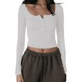 thumbnail image 1 of Women Square Neck Slim Shirt Long Sleeve Button Front Crop Tops Fitted Ribbed Low Cut Layering Tight Basic Tee Black M, 1 of 3