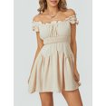 thumbnail image 2 of SUNSIOM Women Summer Short Dress, Solid Color Ruched Bust Boat Neck Off Shoulder Puff Sleeve A-Line One Piece for Ladies, 2 of 8