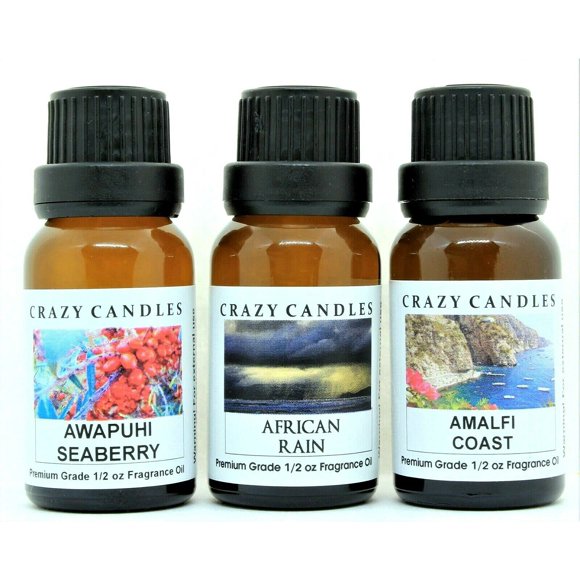 Crazy Candles 3 Bottles Set, 1 Awapuhi Seaberry, 1 African Rain, 1 Amalfi Coast 1/2 Fl Oz Each (15ml) Premium Grade Scented Fragrance Oils