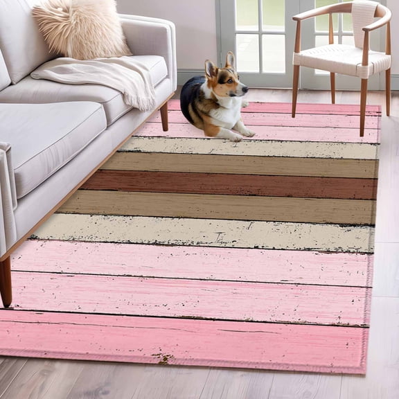 Vintage Stripes Washable Area Rugs 3'x5', Pink Brown Wood Grain Decoration Low Pile Throw Living Room Rug Non-Slip Sturdy Edge Binding Carpet for Indoor Entryway Bedside Kitchen