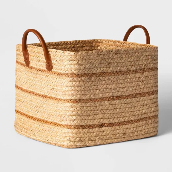 Braided Water Hyacinth Basket with Faux Leather Handles -Large