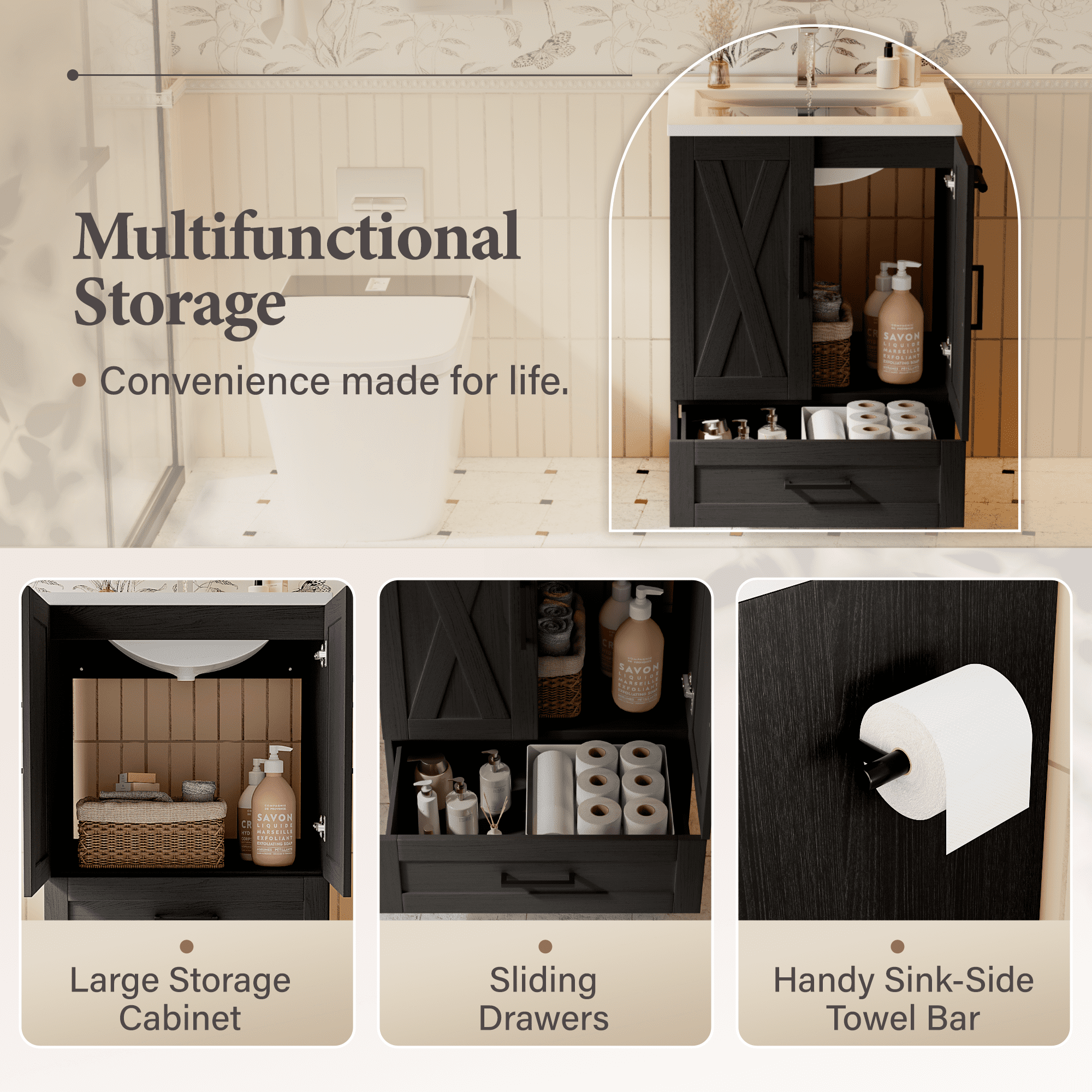 Lacoo 24" Bathroom Vanity with Sink Basin, Farmhouse Bathroom Storage Vanity Cabinet with 2 Doors & 1 Drawer, Freestanding Bathroom Cabinet with Washbasin, Black