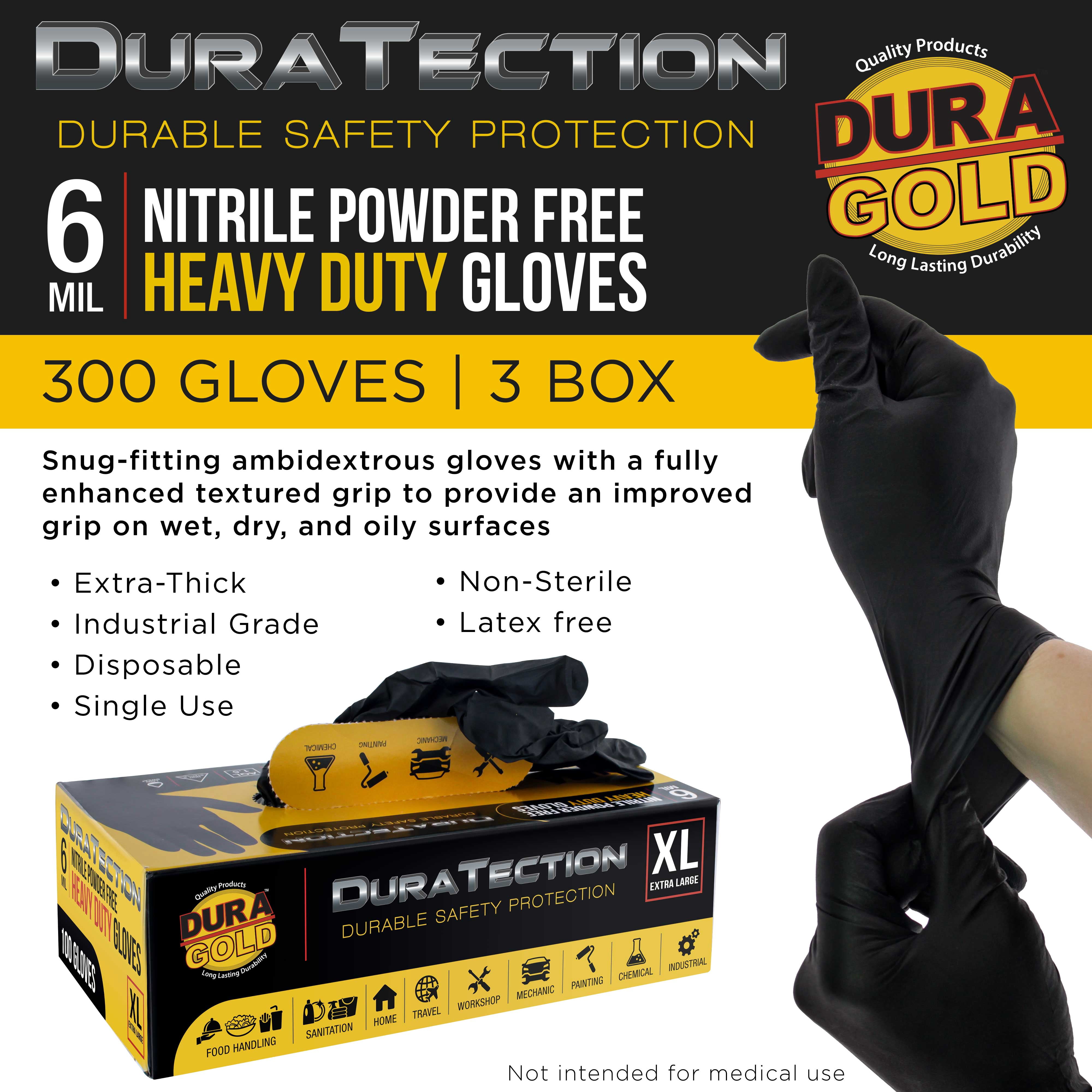 Dura-Gold HD Black Nitrile Disposable Gloves, 3 Boxes of 100, Size X-Large, 6 Mil - Latex Free, Powder Free, Textured Grip