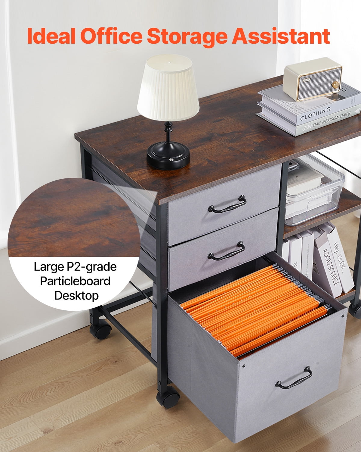 VEVOR Metal File Cabinet, Mobile Filing Cabinet with 3 Fabric Drawers and 2 Open Shelves, Wooden Vertical Filing Storage Cabinets with Wheels for Letter, A4, Legal Size File, Easy Assembly, Brown