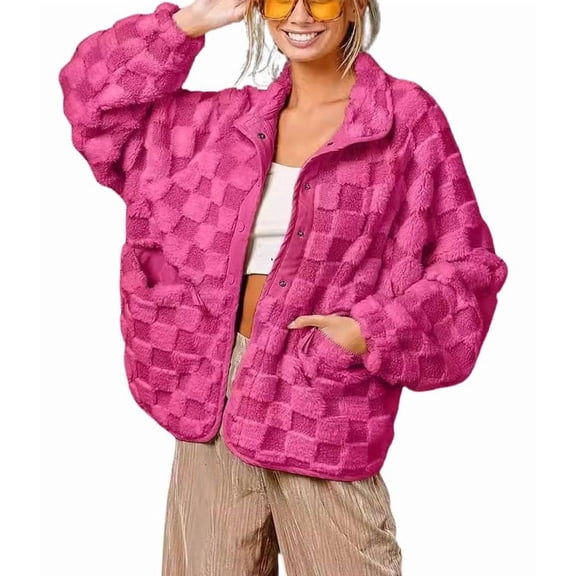 sicmoss Women's Rose Checkered Oversized Sherpa Jacket Fuzzy Warm Winter with Pockets
