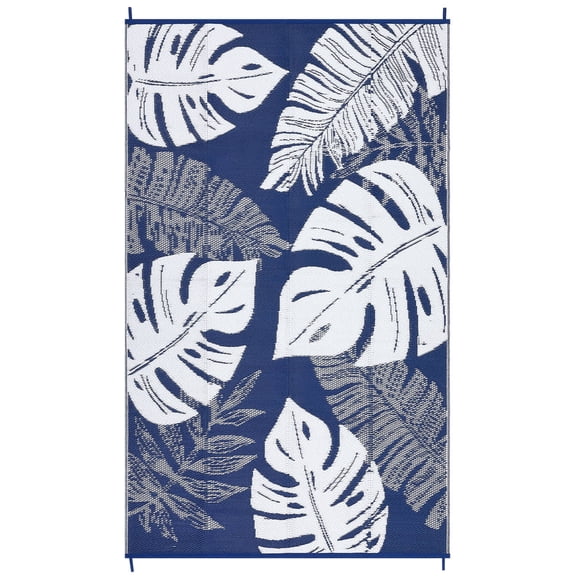 EastVita Tapis Moderne à Feuilles Larges 8 X 10 Pi en Plastique Bleu Foncé Blanc Rectangulaire pour Plage, Vérandas, Patio, Pique-Nique, VR, Camping, Garage