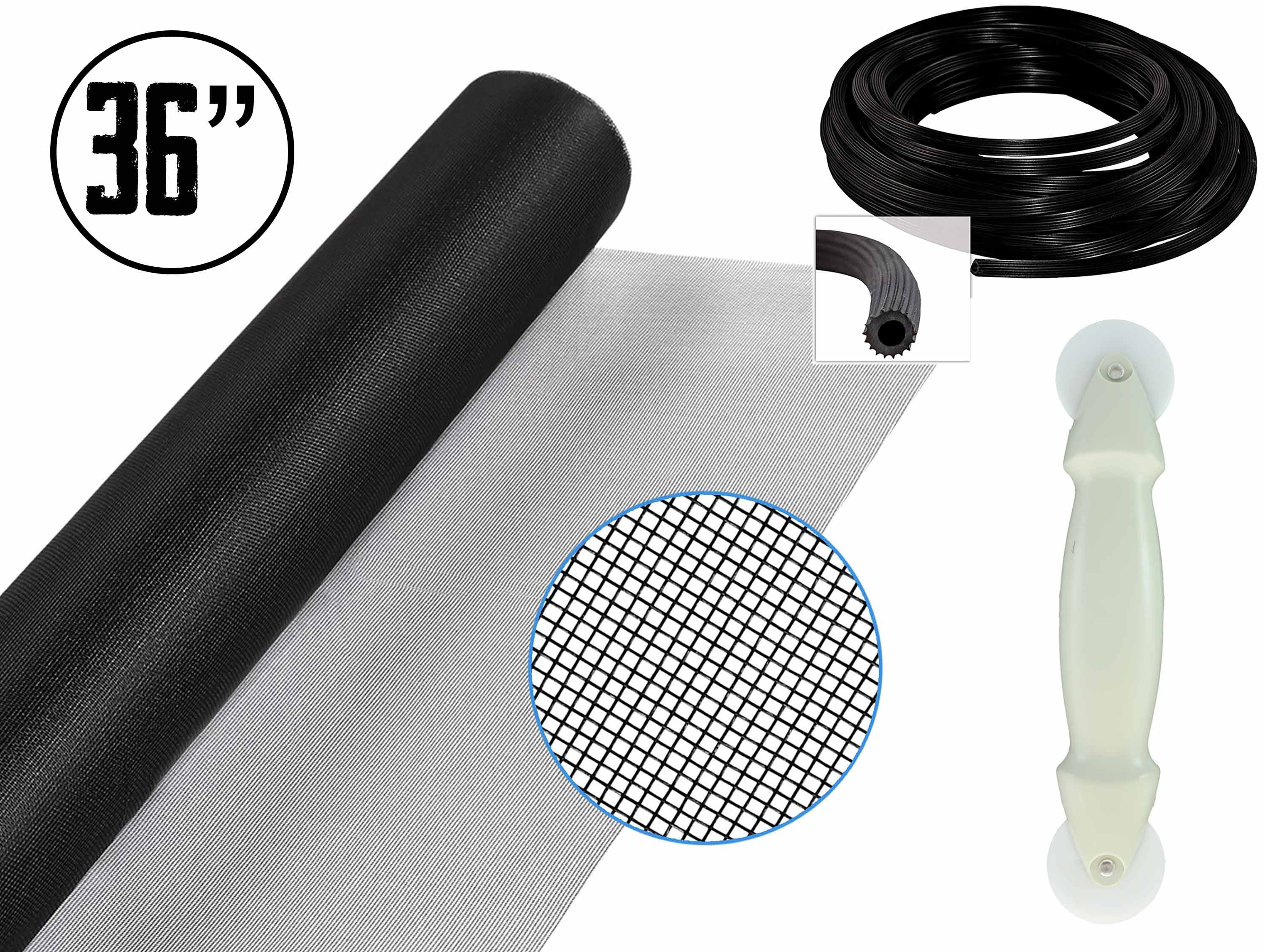WRS ALL-IN-ONE Screen Repair Kit - 36' X 84' Black Fiberglass Replacement Kit with Screen Spline and Screen Tool