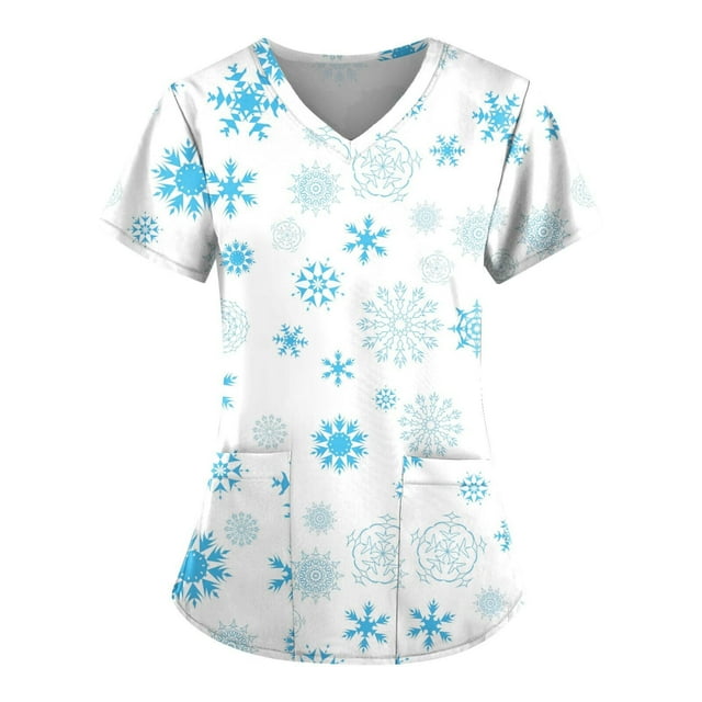 Birdeem Blouse de Mode pour Femmes à Manches Courtes Col en V Uniforme de Travail Imprimé de Noël avec Poche